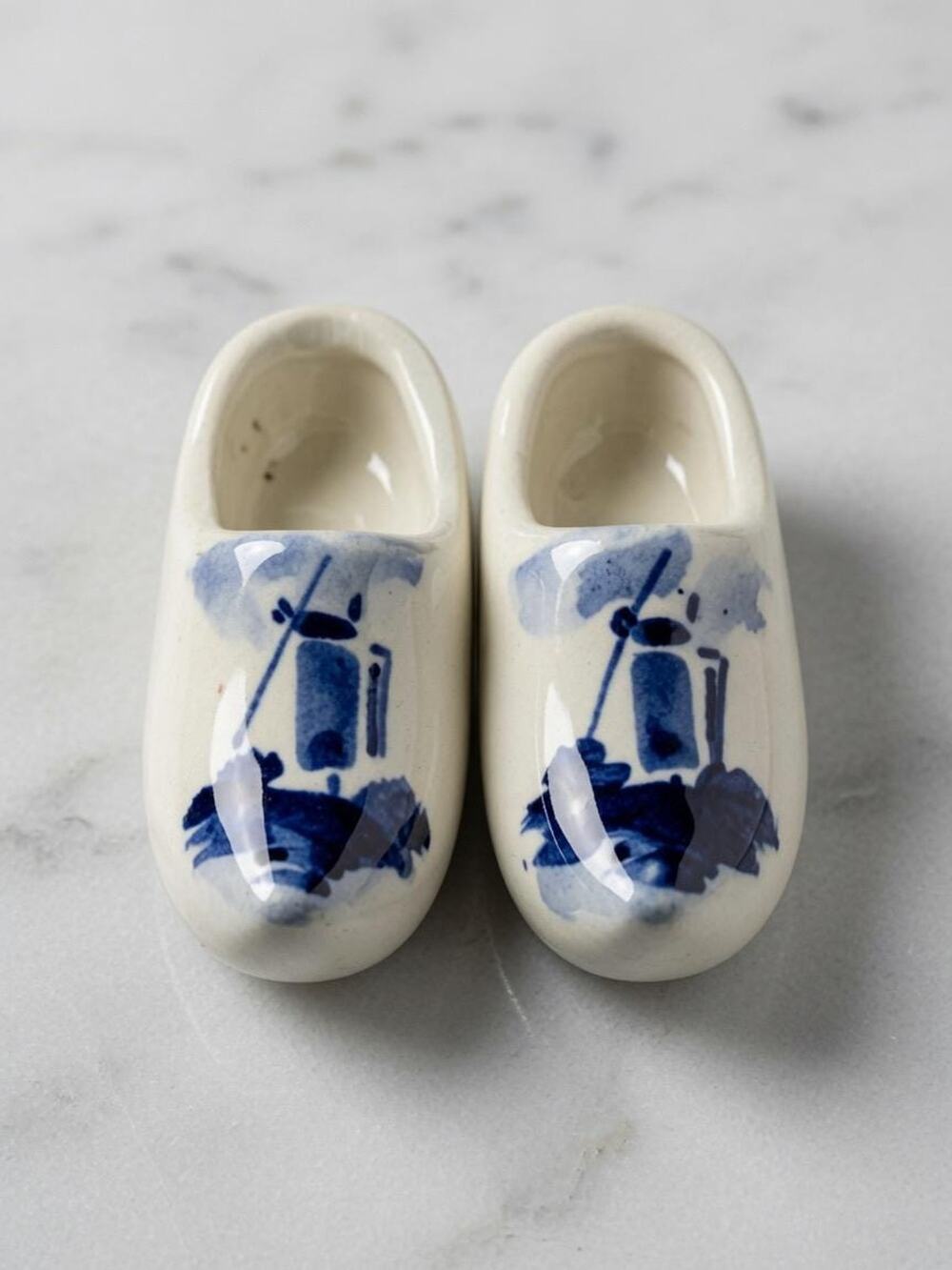 Vintage Delft Blue Dutch Wooden Shoes Miniature Ceramic Clog Pair Windmill 3"